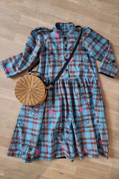 ONE OF A KIND Size XS/S Tartan and Handprinted Button Up Shirt Dress with Puff Sleeves in Cotton Fabric