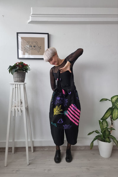 Zero Waste Black Oversized Shopper With Colorful Origial Handprinted Pattern