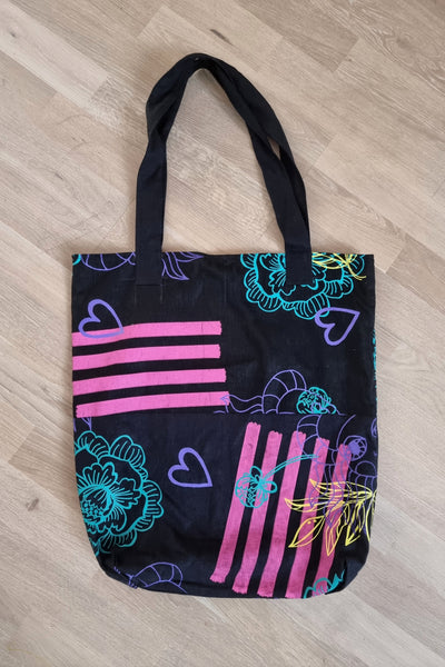 Zero Waste Black Oversized Shopper With Colorful Origial Handprinted Pattern