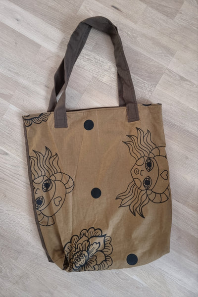 Zero Waste Brown Oversized Shopper With Colorful Origial Handprinted Pattern