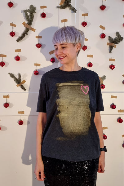 Gold and Pink LOVE is The Answer - Dark Grey Melange Organic Oversized Unisex Tshirt with One of a Kind Special Print