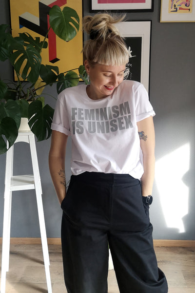 Feminism is Unisex - White Organic Unisex Tshirt with Light Grey Print