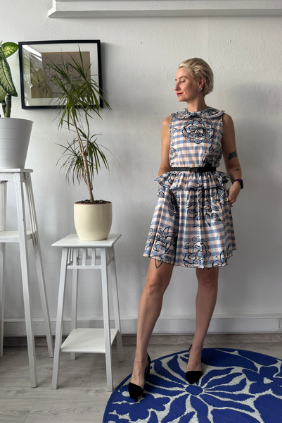 Doll Dress in Light Blue and Peach Gingham Cotton with Handrpinted drawings perfect for layering all seasons