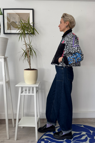 Patterned Cropped Statement Jacket with Handprinted Original drawings and Corduroy details in size S and XS