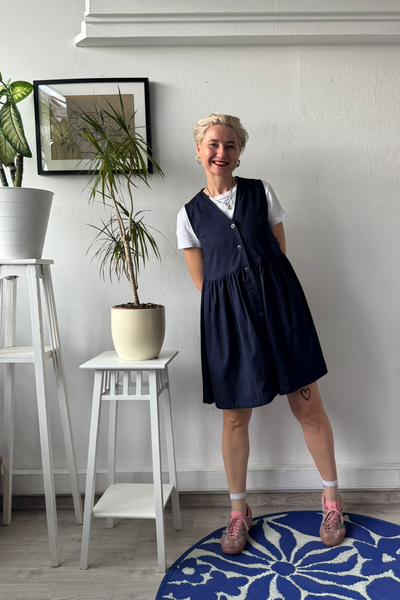 Dark Blue Linen Blend Pinafore Mini Dress with buttons and pockets
