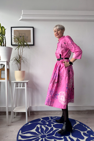 Size M Puff Shoulder One of A Kind Bright Light Pink Button Up Shirt Dress in Linen Blend Fabric with Handprinted Original drawings