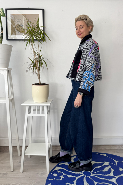 Patterned Cropped Statement Jacket with Handprinted Original drawings and Corduroy details in size S and XS
