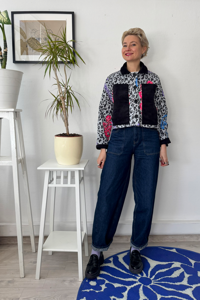 Patterned Cropped Statement Jacket with Handprinted Original drawings and Corduroy details in size S and XS