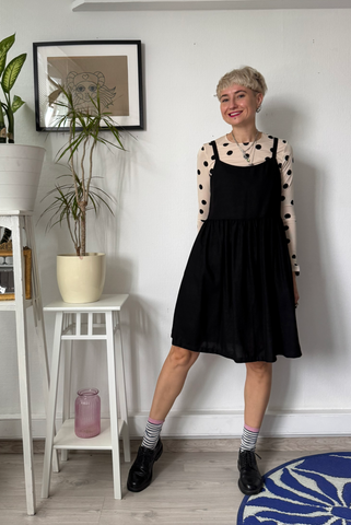 Sample Sale size XS/S Black Linen Blend Pinafore Dress on Spagetti straps