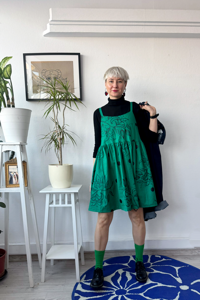 One of a Kind Size M Green Linen Blend Pinafore Dress with Handprinted Original Drawings on Spagetti straps