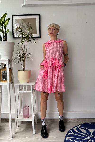 Doll Dress in Light Pink Gingham Cotton with Handrpinted drawings perfect for layering all seasons