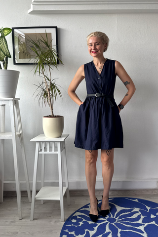 Dark Blue Linen Blend Pinafore Mini Dress with buttons and pockets