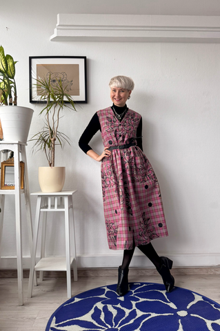 Sample Sale size M Pink Tartan Cotton Pinafore Dress with Original Hand Made Print