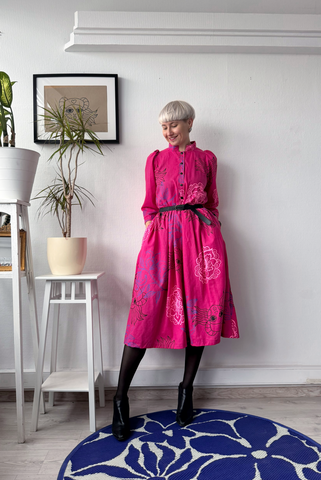 Size S and L Puff Shoulder Bright Magenta Pink Button Up Shirt Dress in Linen Blend Fabric with Handprinted Original drawings