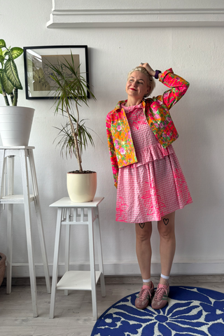 Doll Dress in Light Pink Gingham Cotton with Handrpinted drawings perfect for layering all seasons