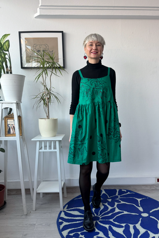 One of a Kind Size M Green Linen Blend Pinafore Dress with Handprinted Original Drawings on Spagetti straps