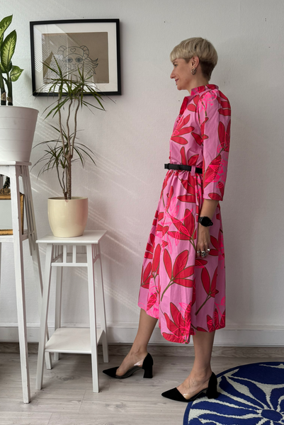 Size S Puff Shoulder One of A Kind Pink Patterned Button Up Shirt Dress in Cotton Fabric