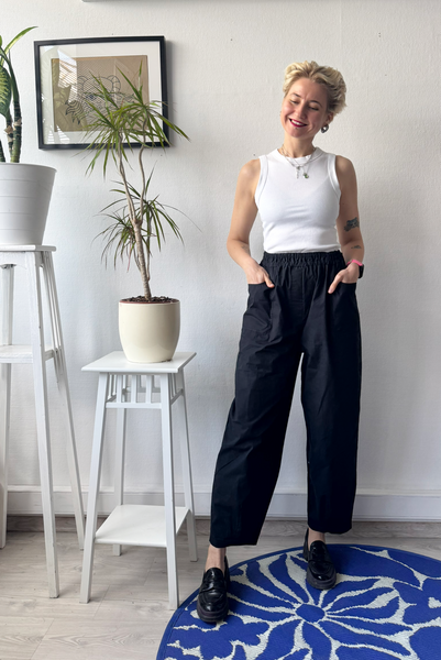 Black Cotton Wide Barrel Leg Statement  Pants in full Length with Sew On Side and Back Pockets