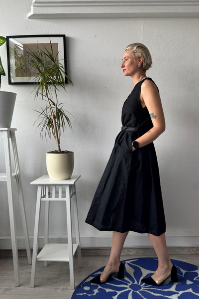 Black Cotton Midi Pinafore Dress with buttons and pockets