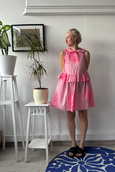 Doll Dress in Light Pink Gingham Cotton with Handrpinted drawings perfect for layering all seasons