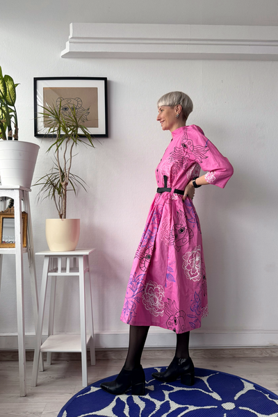 Size M Puff Shoulder One of A Kind Bright Light Pink Button Up Shirt Dress in Linen Blend Fabric with Handprinted Original drawings