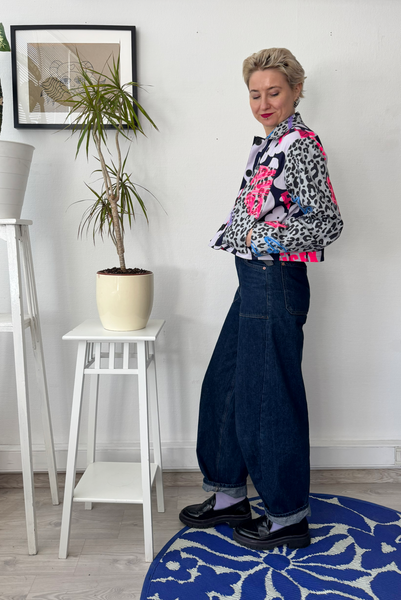 Patterned Cropped Statement Jacket with Handprinted Original drawings and Feminism is Unisex statement in size M