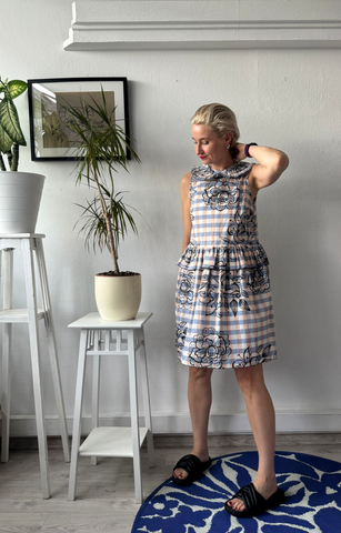 Doll Dress in Light Blue and Peach Gingham Cotton with Handrpinted drawings perfect for layering all seasons