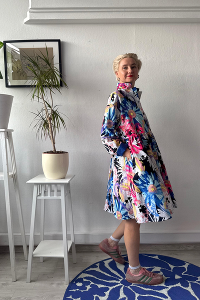 Size M Colorful Floral 100% Linen Oversized Mini Shirt Dress with Bright Pink and Purple Handprinted Original drawings on top if original Floral fabric