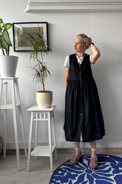 Black Cotton Midi Pinafore Dress with buttons and pockets