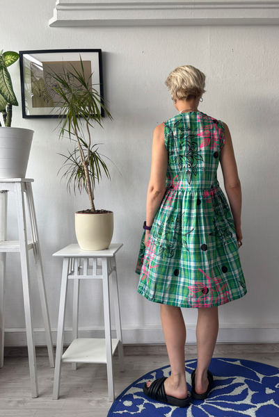Bright Green Checked Cotton Pinafore Mini Dress with buttons and pockets and handprinted Original Drawings