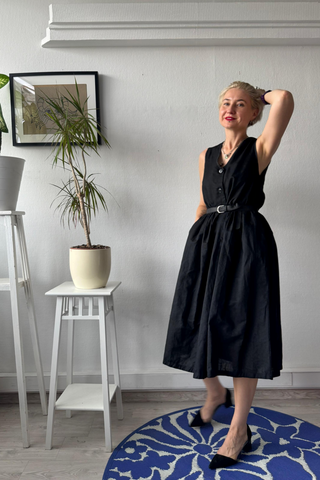 Black Cotton Midi Pinafore Dress with buttons and pockets