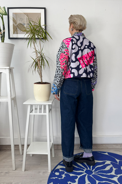 Patterned Cropped Statement Jacket with Handprinted Original drawings and Feminism is Unisex statement in size M