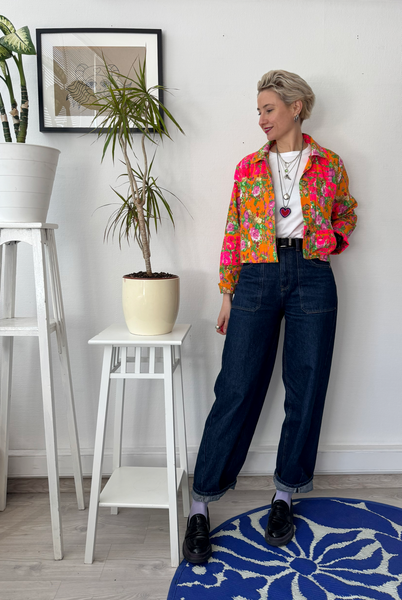 Orange Floral Cropped Statement Jacket with Handprinted Feminism is Unisex statement in size S Last piece