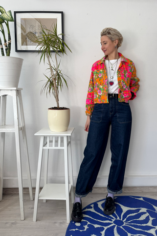 Orange Floral Cropped Statement Jacket with Handprinted Feminism is Unisex statement in size S Last piece