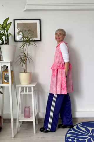Doll Dress in Light Pink Gingham Cotton with Handrpinted drawings perfect for layering all seasons