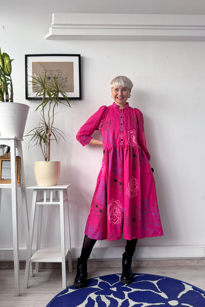 Size S and L Puff Shoulder Bright Magenta Pink Button Up Shirt Dress in Linen Blend Fabric with Handprinted Original drawings