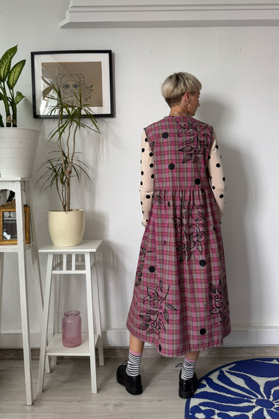 Sample Sale size M Pink Tartan Cotton Pinafore Dress with Original Hand Made Print