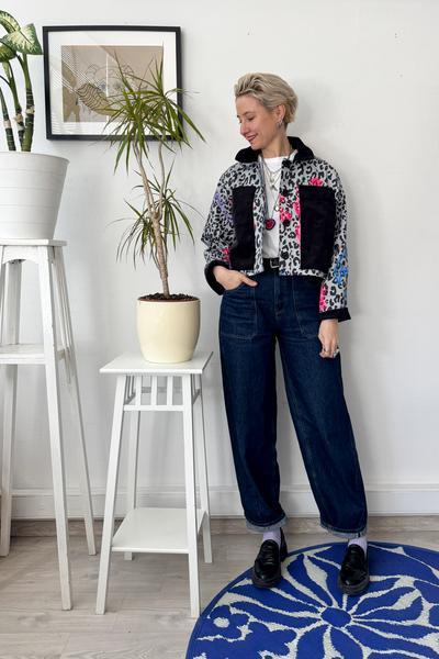 Patterned Cropped Statement Jacket with Handprinted Original drawings and Corduroy details in size S and XS