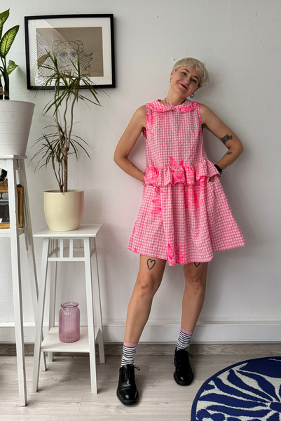 Doll Dress in Light Pink Gingham Cotton with Handrpinted drawings perfect for layering all seasons