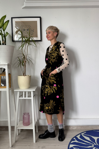 One of a kind Size M A line V neck Button up dress in Linen Blend and Handprinted original designs in Gold and Pink