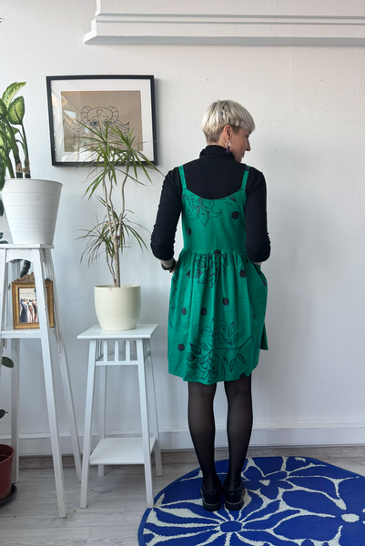 One of a Kind Size M Green Linen Blend Pinafore Dress with Handprinted Original Drawings on Spagetti straps