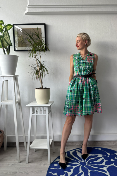 Bright Green Checked Cotton Pinafore Mini Dress with buttons and pockets and handprinted Original Drawings