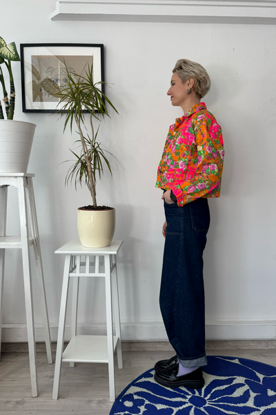 Orange Floral Cropped Statement Jacket with Handprinted Feminism is Unisex statement in size S Last piece