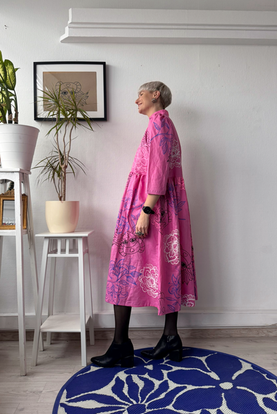 Size M Puff Shoulder One of A Kind Bright Light Pink Button Up Shirt Dress in Linen Blend Fabric with Handprinted Original drawings