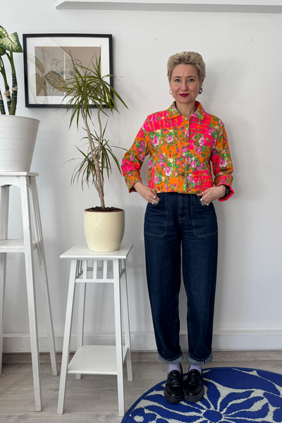 Orange Floral Cropped Statement Jacket with Handprinted Feminism is Unisex statement in size S Last piece