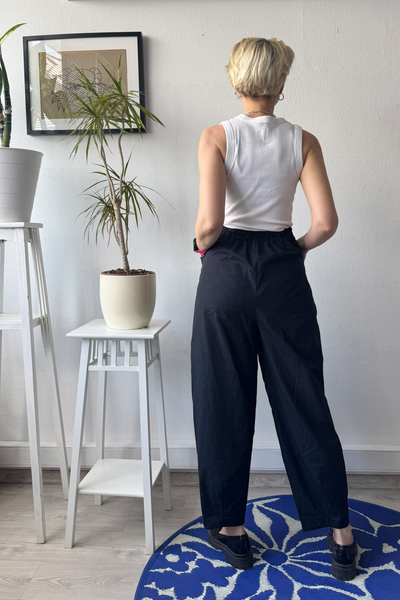 Black Cotton Wide Barrel Leg Statement  Pants in full Length with Sew On Side and Back Pockets