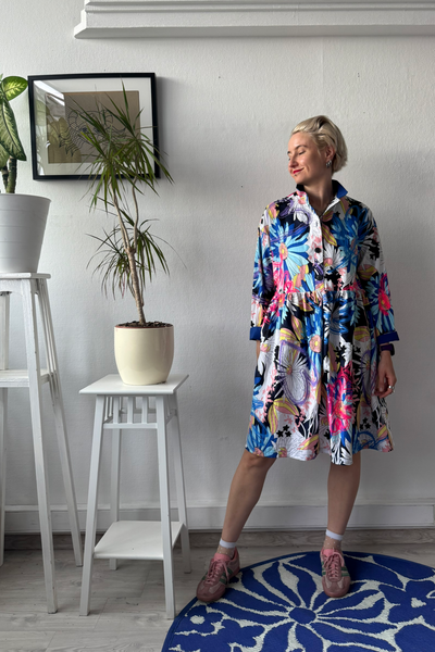 Size M Colorful Floral 100% Linen Oversized Mini Shirt Dress with Bright Pink and Purple Handprinted Original drawings on top if original Floral fabric