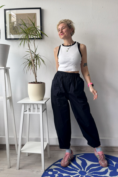 Black Cotton Wide Barrel Leg Statement  Pants in full Length with Sew On Side and Back Pockets