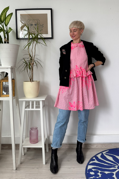 Doll Dress in Light Pink Gingham Cotton with Handrpinted drawings perfect for layering all seasons