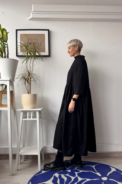 Size L Puff Shoulder Button Up Shirt Dress in Black Linen Blend Fabric in long MIDI/MAXI length